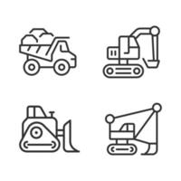 Mining vehicles pixel perfect linear icons set. Heavy equipment. Coal mining industry. Excavator, bulldozer. Customizable thin line symbols. Isolated vector outline illustrations. Editable stroke