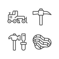 Quarry mining pixel perfect linear icons set. Miner manual instruments. Coal extraction. Excavator machine. Customizable thin line symbols. Isolated vector outline illustrations. Editable stroke