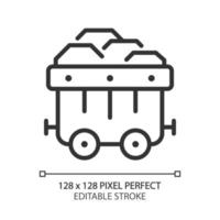 Coal cart pixel perfect linear icon. Heavy industry equipment. Transportation of stones and minerals. Fossil fuel. Thin line illustration. Contour symbol. Vector outline drawing. Editable stroke