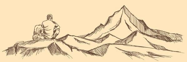 Man with backpack standing on top of the mountain peak, looking out into the distance. Sun, Hand drawn, vector, sketch - Vector