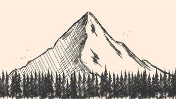 Hand drawn sketch of pine forest and mountains. Vector background.