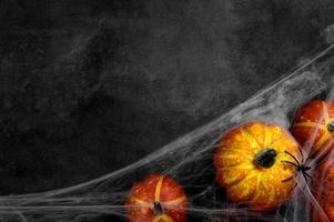 Top view on spooky halloween background with pumpkins covered in webs with spider.Copy space photo