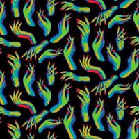 A pattern from the mystical bright hands of a witch during witchcraft. Thin, elegant hands of juicy colors - green, yellow, blue. Hands up to the wrists in different poses. Printing for Halloween vector