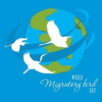 mundo día de migratorio aves. modelo para fondo, bandera, tarjeta postal, póster. vector ilustración. migración de aves. planeta tierra y blanco siluetas de aves mosca a el lado en un azul