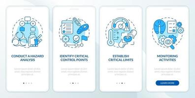 HACCP principles blue onboarding mobile app screen. Risks reducing walkthrough 4 steps editable graphic instructions with linear concepts. UI, UX, GUI template vector