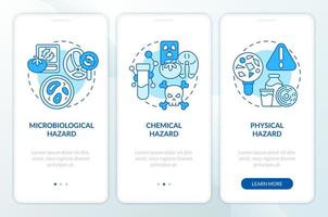 Food safety hazard blue onboarding mobile app screen. Health walkthrough 3 steps editable graphic instructions with linear concepts. UI, UX, GUI template vector