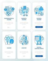 Food safety hazards and HACCP blue onboarding mobile app screens set. Walkthrough 3 steps editable graphic instructions with linear concepts. UI, UX, GUI template vector