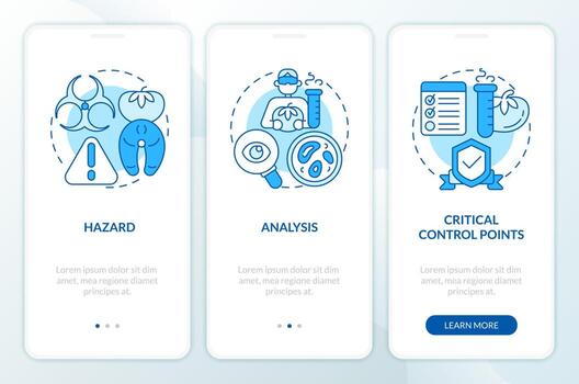 haccp elementos azul inducción móvil aplicación pantalla. comida la seguridad recorrido 3 pasos editable gráfico instrucciones con lineal conceptos. ui, ux, gui modelo vector