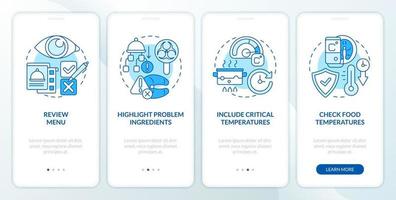 HACCP on practice blue onboarding mobile app screen. Risk analysis walkthrough 4 steps editable graphic instructions with linear concepts. UI, UX, GUI template vector