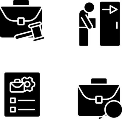 Recruitment stages black glyph icons set on white space. Job searching and description. Labour rights protection. Fired worker. Silhouette symbols. Solid pictogram pack. Vector isolated illustration