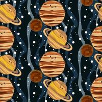 Vector space seamless background with planets and stars. Bright repeating texture with cosmic elements. Cute baby design for baby fabric and wrapping paper. Mars, Saturn, Jupiter and stars on the blue