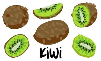 A set of Kiwis in different versions is whole and in section. Kiwi chopped, half. Peel kiwi, green fruits. Tropical fruits, kiwi snacks or vegetarian meals. Icon set isolated vector illustrations