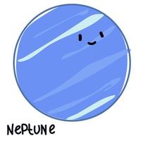 Isolated large colored planet Neptune with a face and signature. Cartoon vector illustration of a cute smiling planet in the solar system. Use for a logo for children's products