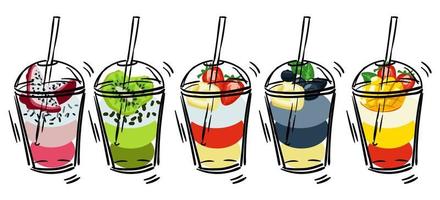 set of fresh smoothies. Refreshing natural vegan fruit cocktail in cups. Isolated fresh drink for a healthy diet. Vector mixed cocktail in a glass with straw, berries and fruits collection of sketches