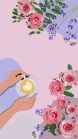 Vertical background style vector cofee flowers with hands and glass a cup of coffe roses flat lay flatlay relax beautiful pink purple lavender