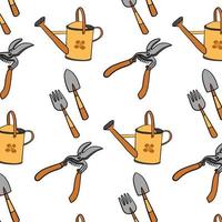 Cartoon gardening pattern. Garden tools icon or pictogram. Garden maintenance logo. Rake, lawnmower, shovel, pruning knife, secateurs, watering can, wheelbarrow and ax. Gardener, garden banner vector