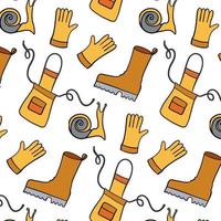 Pattern about gardening. Vector illustration with rubber boots, gloves, snail, apron. Gardener, gardening banner