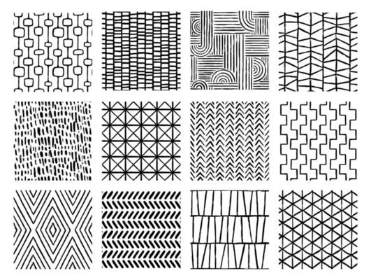 Set of Aesthetic Contemporary printable seamless pattern with abstract Minimal elegant line brush stroke shapes and line in black and white colors.