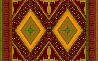 Ethnic folk geometric seamless pattern in red, green and yellow tone in vector illustration design for fabric, mat, carpet, scarf, wrapping paper, tile and more