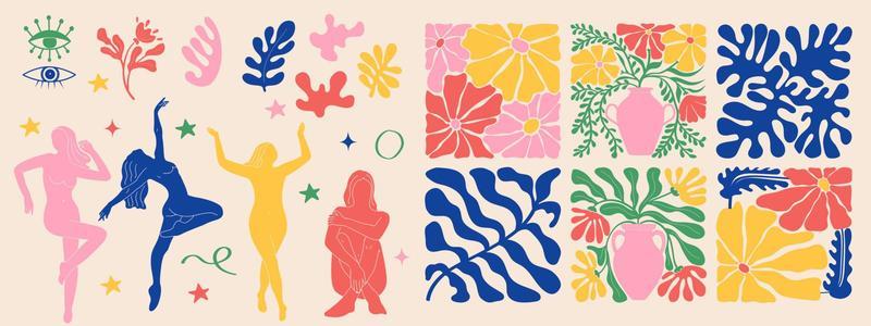 Groovy doodle and abstract art poster set. Matisse random organic shapes and female silhouettes in trendy retro 60s 70s style.