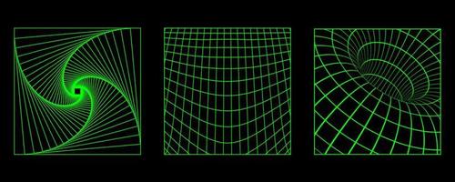 3D wireframe posters with geometric shapes and grids in trendy retro cyberpunk 80s 90s style. Y2k aesthetic vector