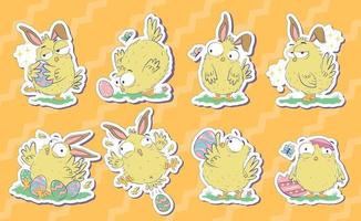 Bundle of stickers of funny chicks with easter eggs and bunny ears in doodle sketch style ready to print. Hand drawn horizontal banner with funny domestic birds vector