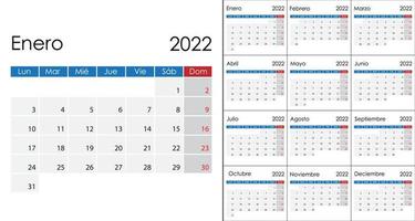 Simple Calendar 2022 on Spanish language, week start on Monday. vector