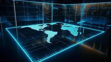World map connected to the crypto network. Global map with 3D light from the background, network status. Floor apartment. AI generativa, photo