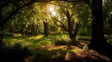 Summer trees and leaves in the rays of the sun, Summer, Summer park, Generative AI, photo