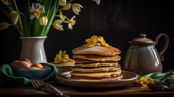 Close up of a plate with pancakes on top of a table of forks, a basket with Easter colored eggs, and a vase with Easter flower daffodils. photo
