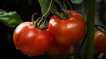 Big plump tomatoes hanging on the vine close up - medium red tomatoes, . photo