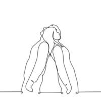 woman and a man standing with their backs to each other, leaning their heads on each other and looking up - one line drawing vector. concept lean on each other vector