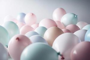 Pastel colorful balloons in white room background. Party and celebration. photo
