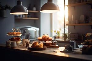 Amazing photo of gorgeous bakery  and cakes in nordic style cafe  background.