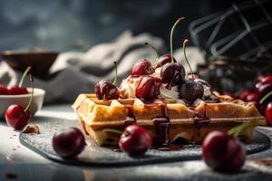 Closed up of strawberry cake  and waffle with fruit nordic style photo