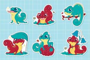 Collection of children's stickers with cute lizards in different poses with greens and fruits, butterflies around. Brightly colored vector children's drawing ready for print