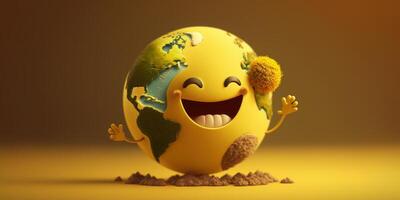 Cute Earth character laughting on yellow background, Happy Earth day, World laughter day. photo