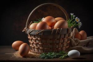 Chicken eggs in the basket background. photo