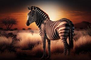 Zebra in savannah African wildlife on sunset background, Africa day. Created photo