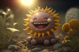 Joyful sun character laughting in fantasy world background. Created Generativa ai photo