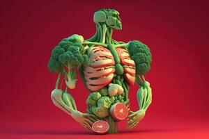 vegetales formando un humano cuerpo metabolismo y nutrición, comiendo dieta comida para energía y digestión. creado generativo ai foto