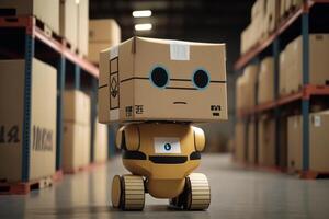 Smart Robotic observes and check in warehouse, Distribution logistics center concept. Created photo
