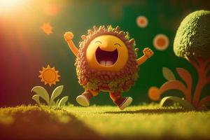 Joyful sun character laughting in fantasy world background. Created Generativa ai photo