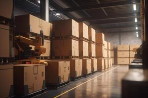 Automated robotic carrying box in warehouse, Distribution logistics center concept. Created photo