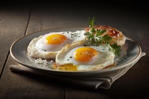 Fried eggs background, Healthy breakfast. Created photo