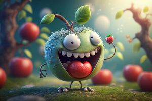 Joyful apple character laughting in fantasy world background. Created Generativa ai photo