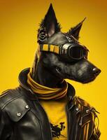 Portrait of bad dogs wearing jacket on yellow background. Created photo