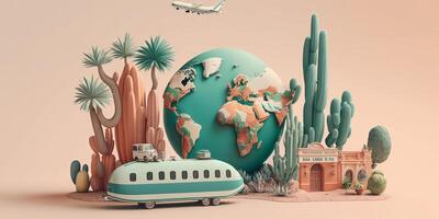 Stunning realistic travel around the world concept on pastel color background. Created with photo