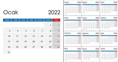 Simple Calendar 2022 on Turkish language, week start on Monday. vector