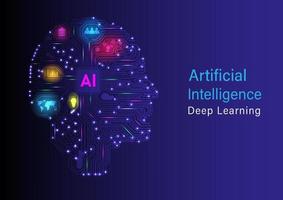 futurista tecnología aprendizaje artificial inteligencia humano cabeza como electrónico circuito microordenador ai elementos y brillante multicolor luces azul degradado antecedentes vector